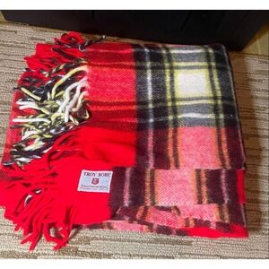 Vintage Troy Robe Stadium Blanket Fringed Throw Red Blqck Yellow Plaid Troy Blan